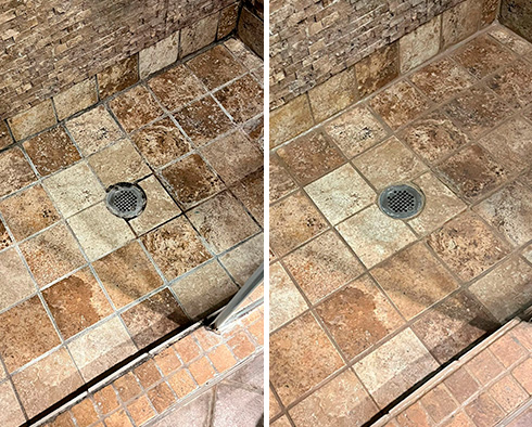 Shower Floor Before and After a Grout Cleaning in Buena Park