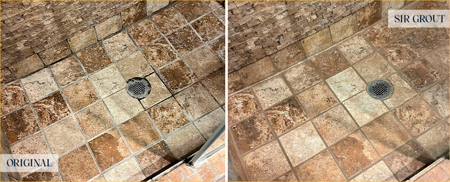Shower Floor Before and After a Grout Cleaning in Buena Park