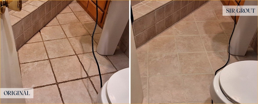 Bathroom Floor Before and After a Service from Our Tile and Grout Cleaners in Dana Point
