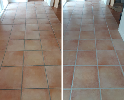 Saltillo Mexican Tile Floor Before and After a Grout Cleaning in Yorba Linda