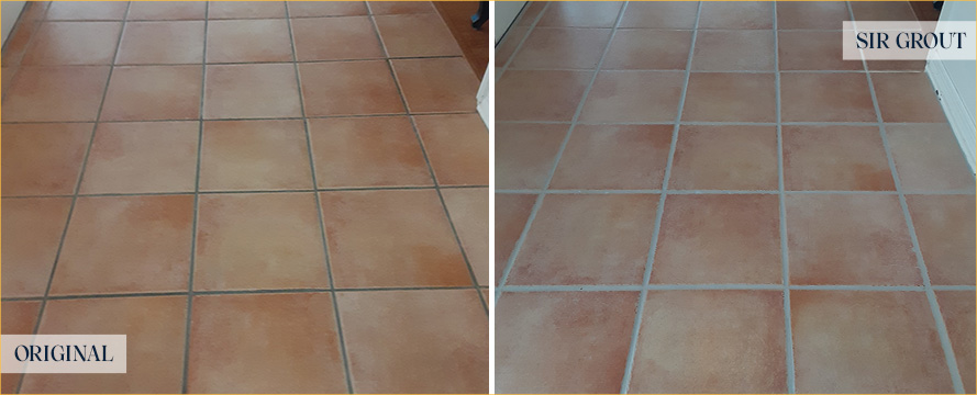 Saltillo Mexican Tile Floor Before and After a Grout Cleaning in Yorba Linda
